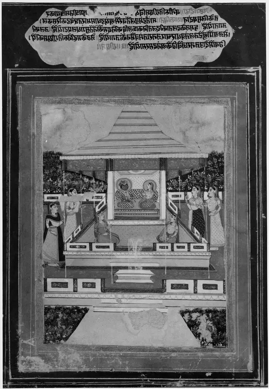 Krishna and Radha in Garden Pavilion with Female Attendants Wall Art by Unknown - High-Resolution Digital Print