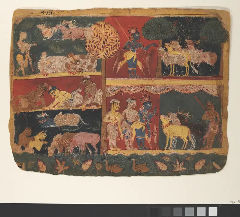 Krishna and the Cowherds: Page from a Dispersed Bhagavata Purana (Ancient Stories of Lord Vishnu) Wall Art by Unknown - High-Resolution Digital Print