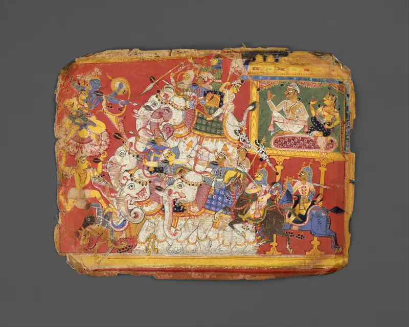 Krishna Battles the Armies of the Demon Naraka: Page from a Bhagavata Purana Manuscript Wall Art by Unknown - High-Resolution Digital Print