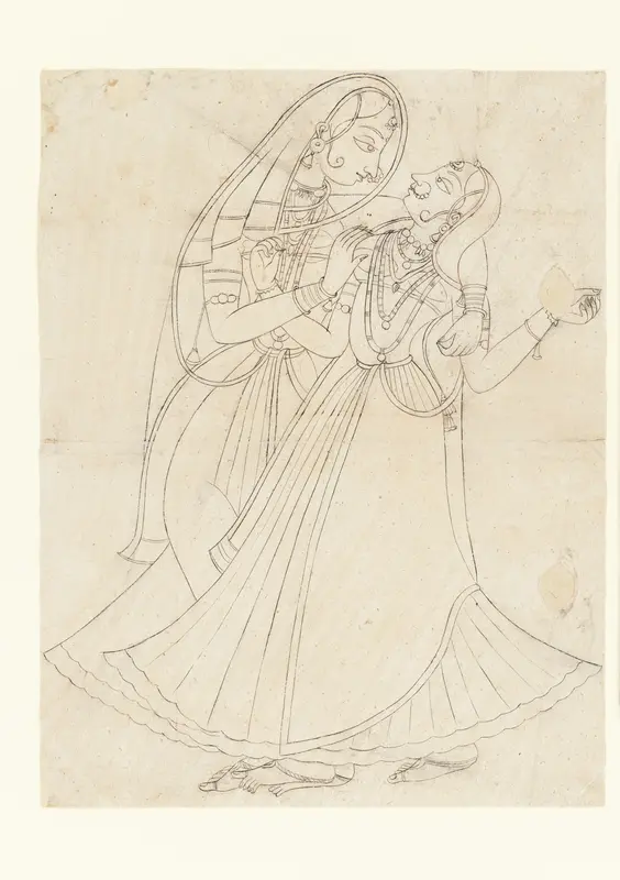 Krishna (dressed as a woman) Embracing Radha Wall Art by Unknown - High-Resolution Digital Print