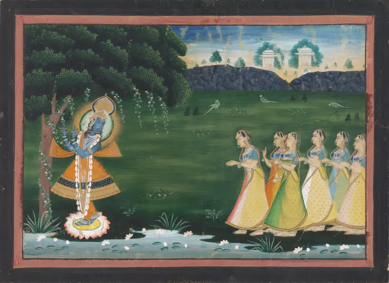 Krishna fluitspelend voor een groep van zes gopi's Wall Art by anonymous - High-Resolution Digital Print