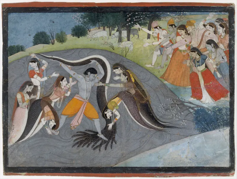 Krishna Subduing Kaliya, the Snake Demon: Folio from a Bhagavata Purana Series Wall Art by First generation after Manaku and Nainsukh - High-Resolution Digital Print