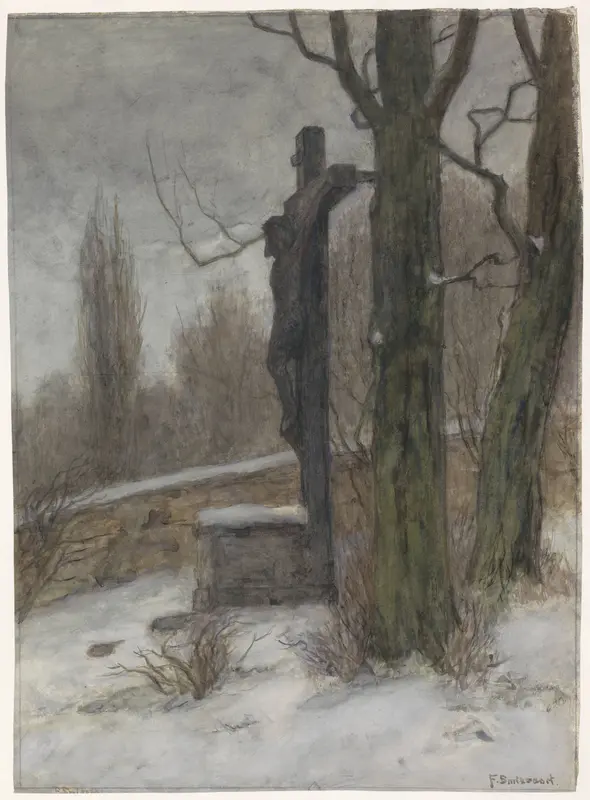 Kruisbeeld in een besneeuwd bos Wall Art by Frans Smissaert - High-Resolution Digital Print
