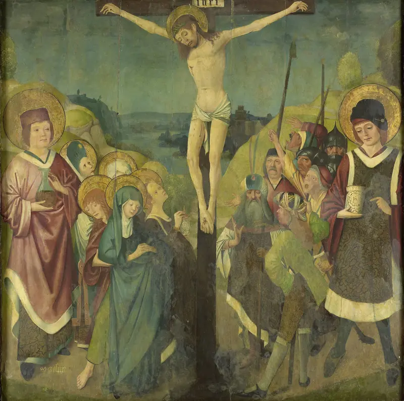 Kruisiging met de heiligen Cosmas en Damianus Wall Art by anonymous - High-Resolution Digital Print