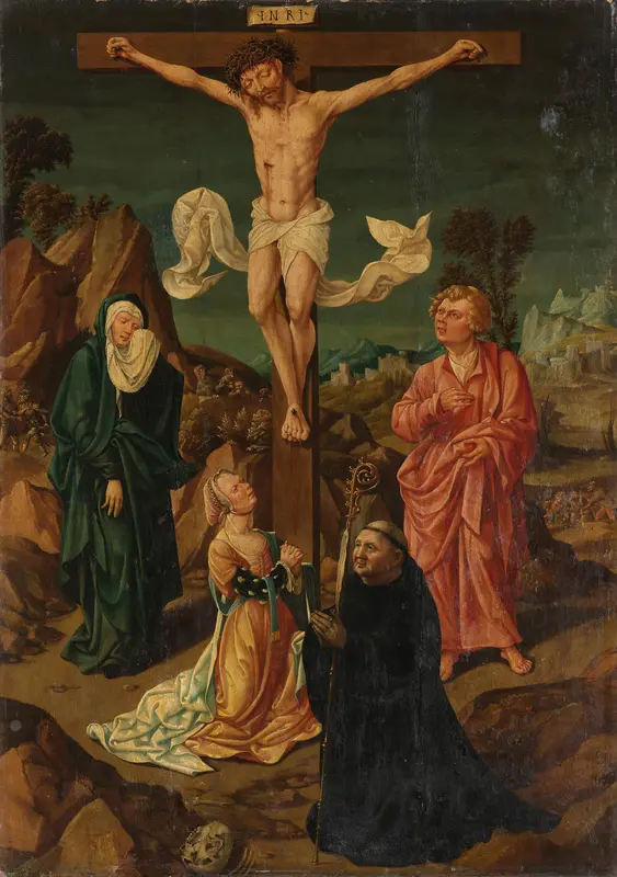 Kruisiging met Maria, Johannes, Maria Magdalena en een schenker Wall Art by anonymous - High-Resolution Digital Print