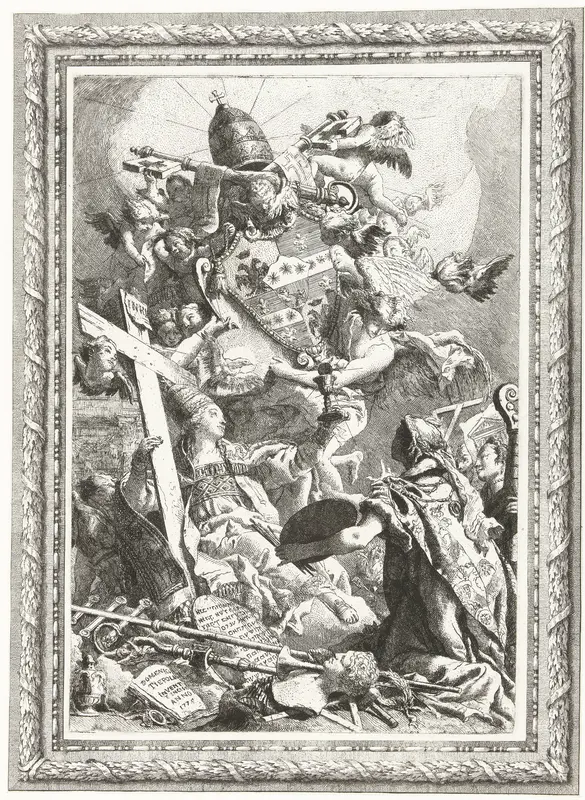 Kunsten vereren wapen van Paus Pius VI in ornamentale lijst Wall Art by Giovanni Domenico Tiepolo - High-Resolution Digital Print
