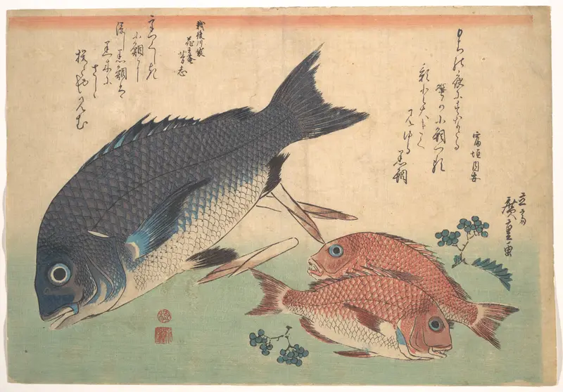 Kurodai and Kodai Fish with Bamboo Shoots and Berries, from the series Uozukushi (Every Variety of Fish)
