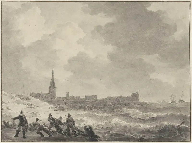 Kust met dorp en kerktoren (Scheveningen?), linksvoor vijf mannen Wall Art by Johannes Christiaan Schotel - High-Resolution Digital Print