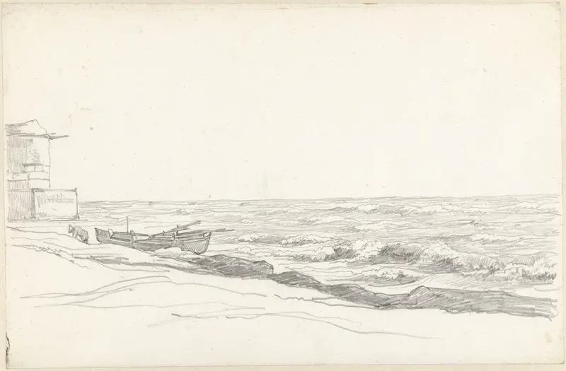 Kustgezicht met bolwerk en op het strand getrokken boot Wall Art by Hendrik Voogd - High-Resolution Digital Print