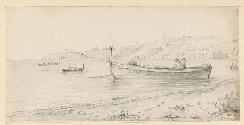 Kustlandschap met vissersboten die netten binnenhalen Wall Art by Willem Anthonie van Deventer - High-Resolution Digital Print