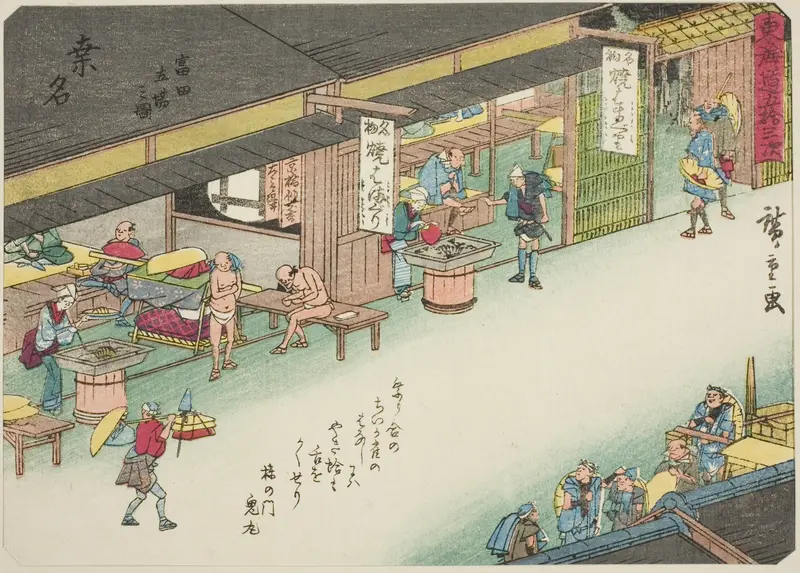 Kuwana: The Post Station at Tomita (Kuwana, Tomita tachiba no zu), from the series "Fifty-three Stations of the Tokaido (Tokaido gojusan tsugi)," also known as the Tokaido with Poem (Kyoka iri Tokaido) Wall Art by Utagawa Hiroshige - High-Resolution Digital Print