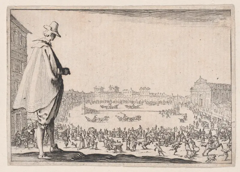 La Course de Chars sur la Place Santa Maria Novella a Florence (The Chariot Race in the Piazza Santa Maria Novella in Florence), from "Les Caprices" Series A, The Florence Set Wall Art by Jacques Callot - High-Resolution Digital Print