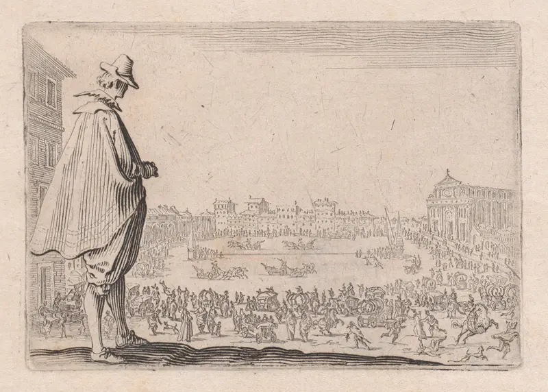 La Course de Chars sur la Place Santa Maria Novella a Florence (The Chariot Race on the Piazza Santa Maria Novella in Florence), from "Les Caprices" Series B, The Nancy Set Wall Art by Jacques Callot - High-Resolution Digital Print