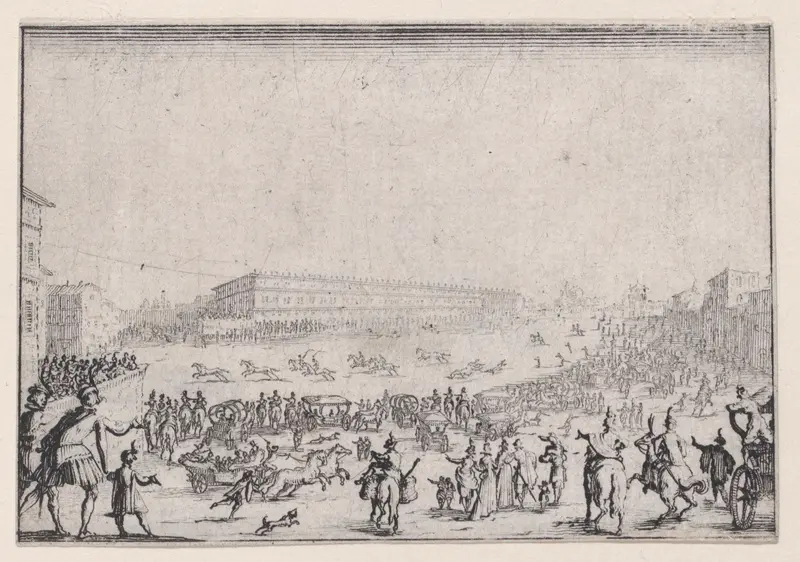 La Course de Chevaux sur la Place Pitti a Florence (The Horse Race on the Piazza Pitti in Florence), from "Les Caprices" Series A, The Florence Set Wall Art by Jacques Callot - High-Resolution Digital Print