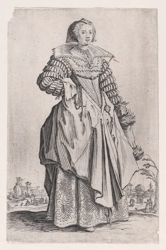 La Dame a la Grande Collerette et a la Coiffe Retombant en Arrière (The Lady with the Large Collar and a Headdress that Falls to the Back), from "La Noblesse" (The Nobility) Wall Art by Jacques Callot - High-Resolution Digital Print