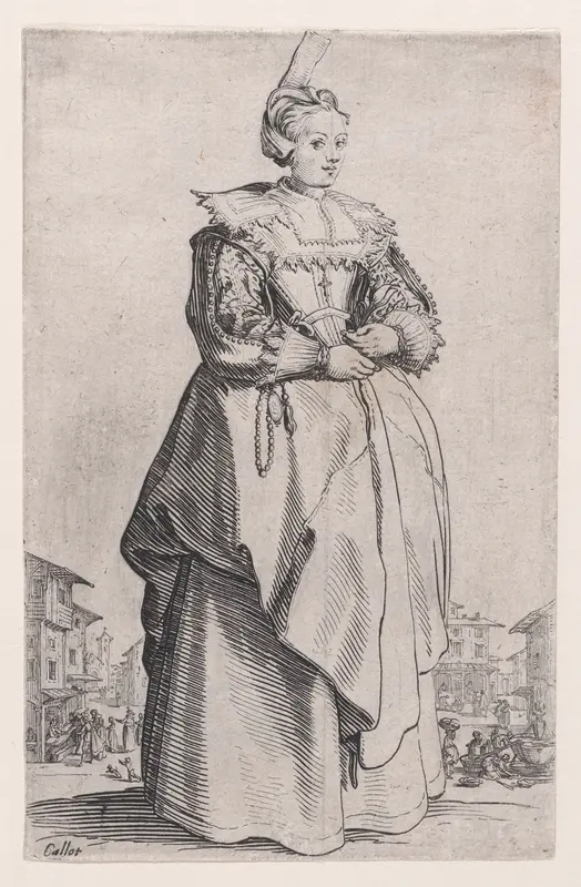 La Dame a la Petite Coiffe Relevée en Arrière (The Lady with the Hairstyle that is Lifted to the Back), from "La Noblesse" (The Nobility) Wall Art by Jacques Callot - High-Resolution Digital Print