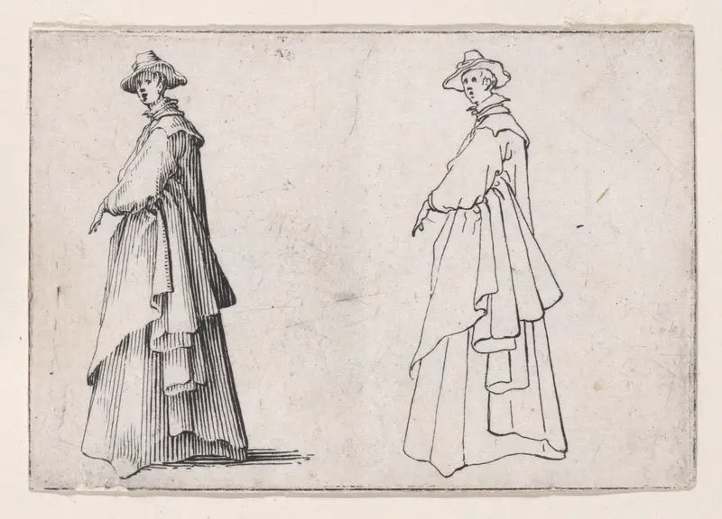 La Dame au Vêtement Ample (The Lady with Ample Clothing), from "Les Caprices" Series A, The Florence Set Wall Art by Jacques Callot - High-Resolution Digital Print