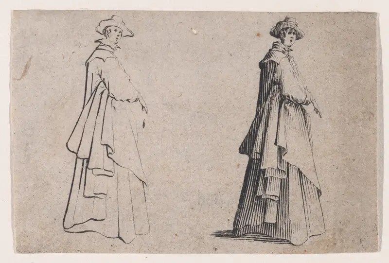 La Dame au Vêtement Ample (The Woman with Ample Clothing), from Les Caprices Series B, The Nancy Set Wall Art by Jacques Callot - High-Resolution Digital Print