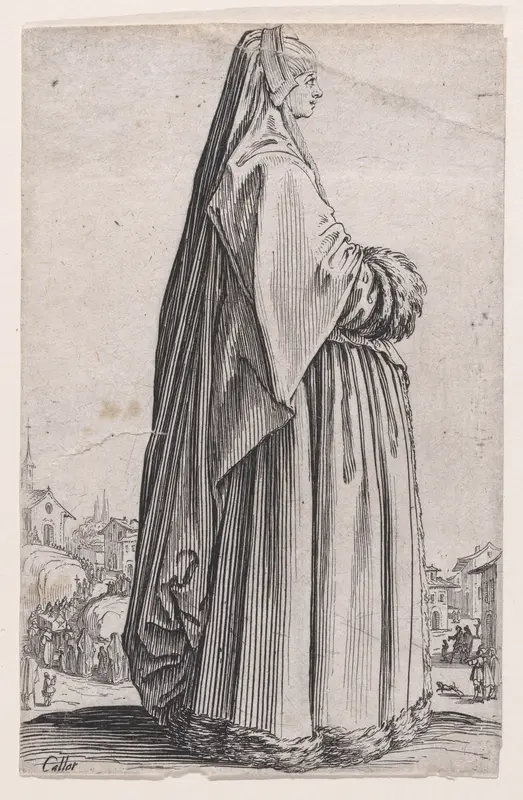 La Dame Coiffée d'un Grand Voile et a la Robe Bordée de Fourrures (The Lady with a Large Veil and with a Fur-Lined Robe), from "La Noblesse" (The Nobility) Wall Art by Jacques Callot - High-Resolution Digital Print