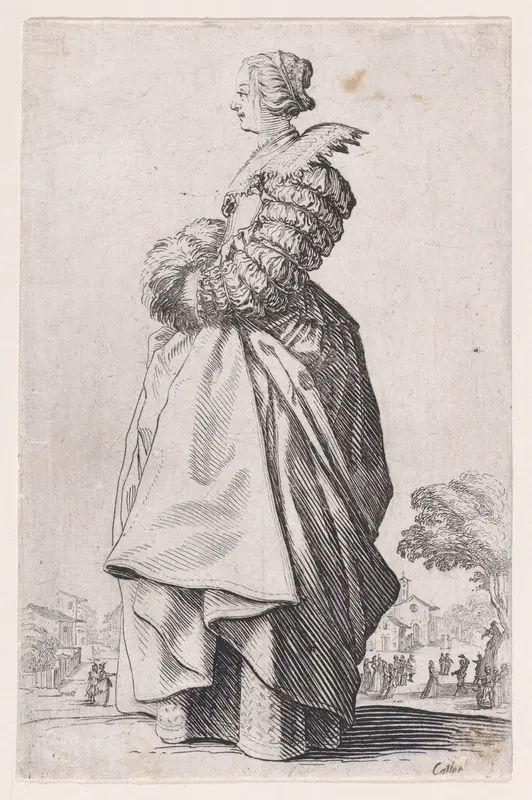 La Dame de Profil Ayant les Mains dans son Manchon (The Lady in Profile Having her Hands inside of her Muff), from "La Noblesse" (The Nobility) Wall Art by Jacques Callot - High-Resolution Digital Print