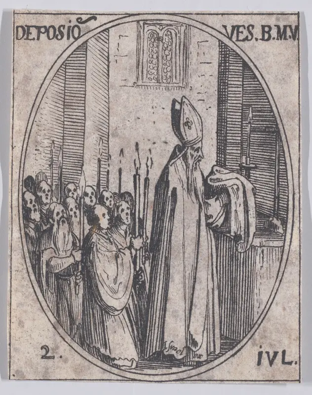 La Déposition des Vêtements de la Sainte Vierge (The Deposition of the Virgin's Clothes), July 2nd, from "Les Images De Tous Les Saincts et Saintes de L'Année" (Images of All of the Saints and Religious Events of the Year) Wall Art by Jacques Callot - High-Resolution Digital Print