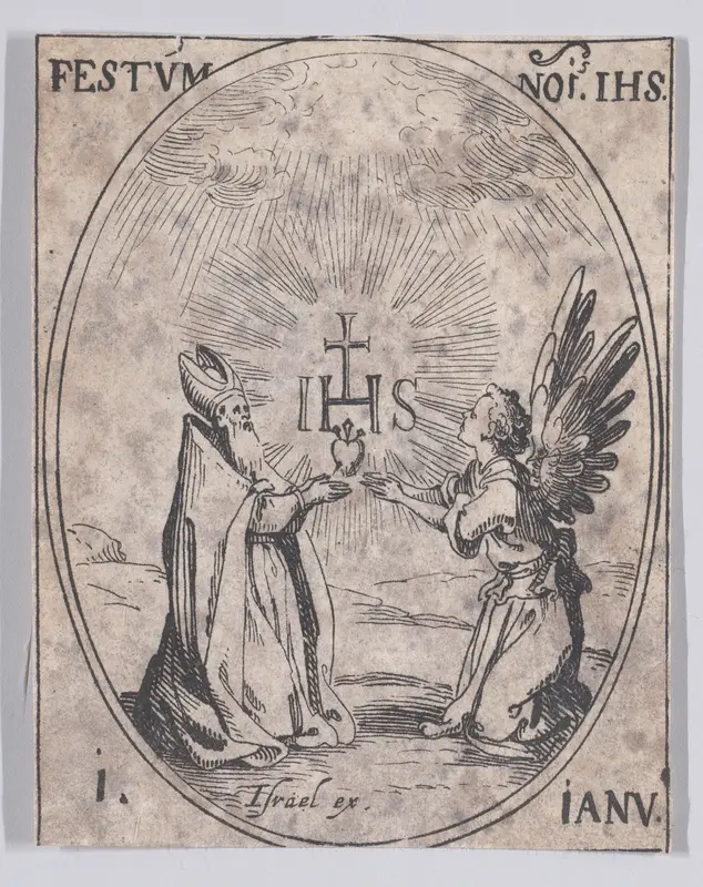 La Fête du Nom de Jésus (The Feast of the Name of Jesus), January 1st, from "Les Images De Tous Les Saincts et Saintes de L'Année" (Images of All of the Saints and Feast Days of the Year) Wall Art by Jacques Callot - High-Resolution Digital Print