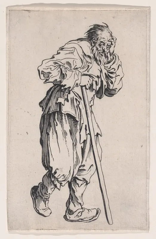 La Gueux Appuye sur son Baton (The Beggar Leaning on his Cane), from "Les Gueux suite appelée aussi Les Mendiants, Les Baroni, ou Les Barons" (The Beggars, also called the Barons) Wall Art by Jacques Callot - High-Resolution Digital Print