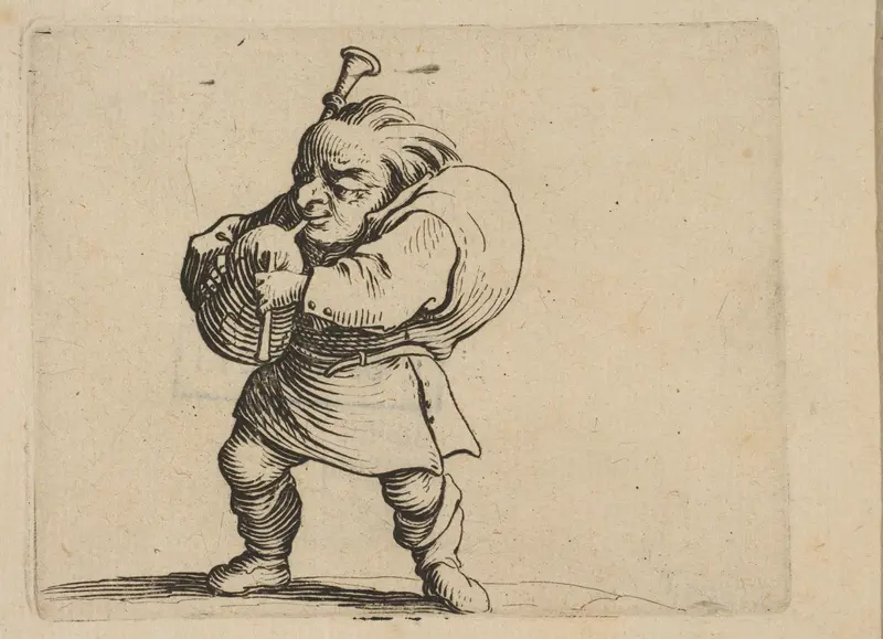 La Jouer de Cornemuse (The Bagpipe Player), from "Varie Figure Gobbi, suite appelée aussi Les Bossus, Les Pygmées, Les Nains Grotesques" (Various Hunchbacked Figures, The Hunchbacks, The Pygmes, The Grotesque Dwarfs) Wall Art by Jacques Callot - High-Resolution Digital Print