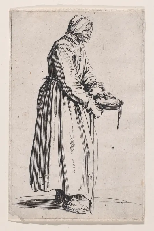 La Mendiante a la Sébille (The Female Beggar with the Begging Bowl), from "Les Gueux suite appelée aussi Les Mendiants, Les Baroni, ou Les Barons" (The Beggars, also called the Barons) Wall Art by Jacques Callot - High-Resolution Digital Print