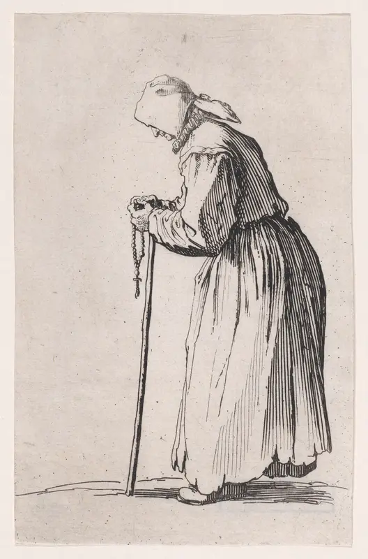 La Mendiante au Rosaire (The Beggar with a Rosary), from "Les Gueux suite appelée aussi Les Mendiants, Les Baroni, ou Les Barons" (The Beggars, also called the Barons) Wall Art by Jacques Callot - High-Resolution Digital Print