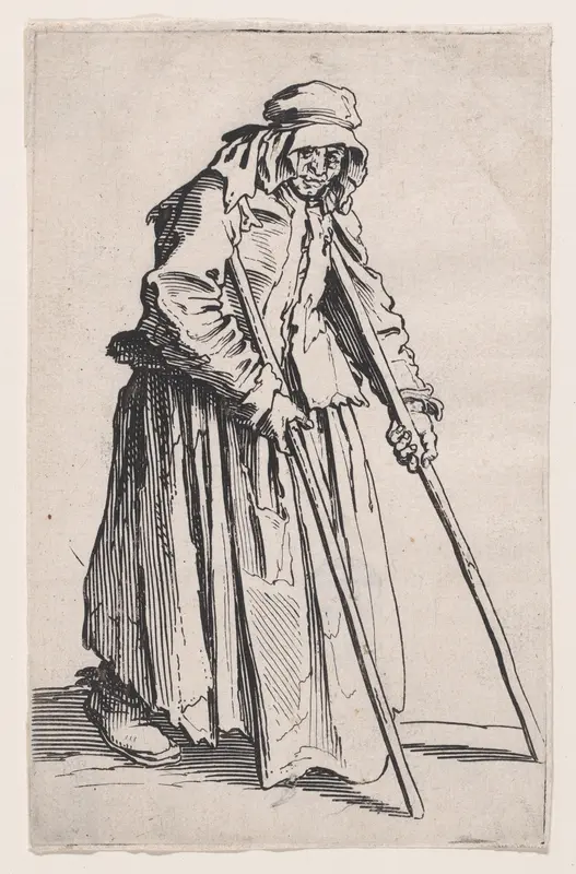 La Mendiante aux Béquilles (The Female Beggar with Crutches), from "Les Gueux suite appelée aussi Les Mendiants, Les Baroni, ou Les Barons" (The Beggars, also called the Barons) Wall Art by Jacques Callot - High-Resolution Digital Print