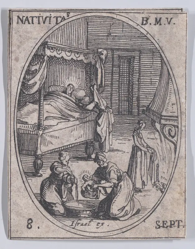 La Nativité de la Sainte Vierge (The Birth of the Virgin), September 8th, from "Les Images De Tous Les Saincts et Saintes de L'Année" (Images of All of the Saints and Religious Events of the Year) Wall Art by Jacques Callot - High-Resolution Digital Print