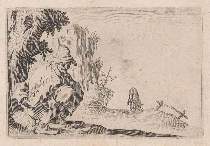 La Paysan Accroupi (The Peasant Squatting), from "Les Caprices" Series B, The Nancy Set Wall Art by Jacques Callot - High-Resolution Digital Print