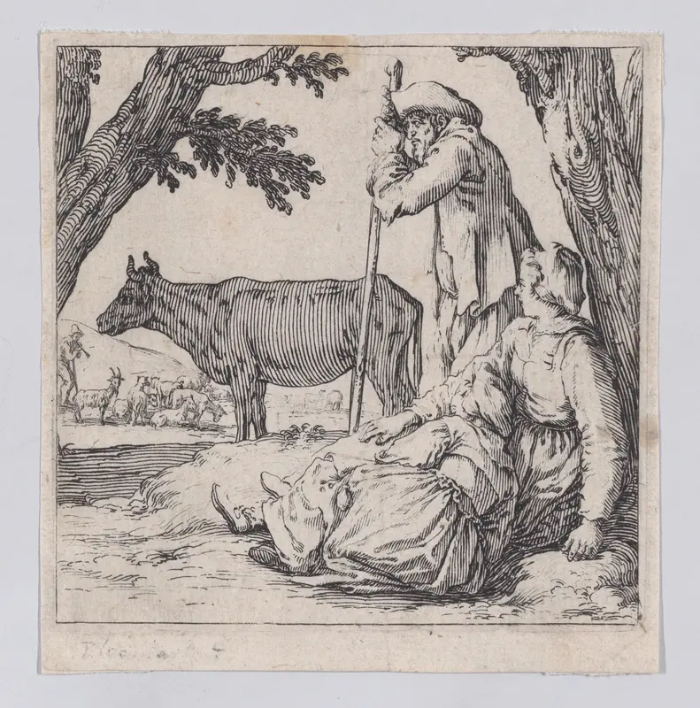 La Paysan Gardant un Boeuf Près de sa Femme et de sa Fille (The Peasant Watching his Ox Near his Wife and Daughter), from "Varie Figure" (Various Figures) Wall Art by Jacques Callot - High-Resolution Digital Print