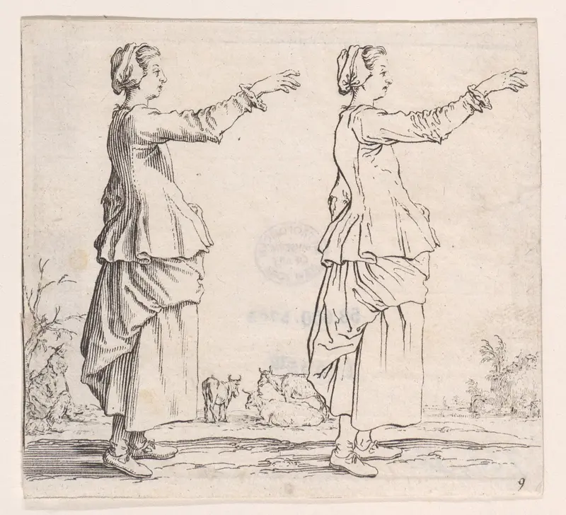 La Paysanne Torunée a Droite, la Main Tendue en Avant (The Peasant Woman Turned to the Right, her Hand Extended Forward), plate 9 from "Varie Figure" (Various Figures) Wall Art by Jacques Callot - High-Resolution Digital Print