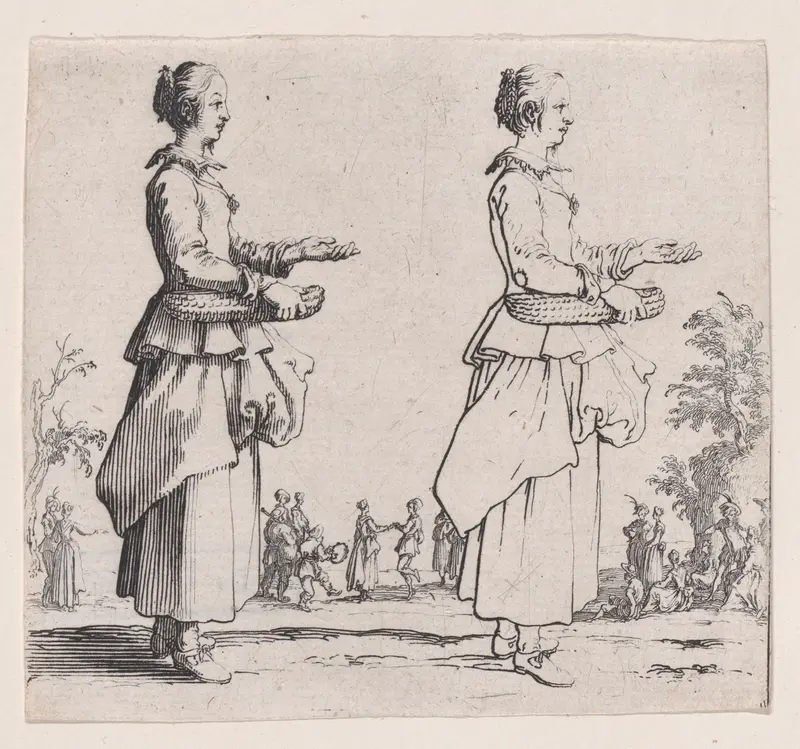 La Paysanne Tournée a Droite et Tenant un Panier (The Peasant Woman Turned to the Right and Holding a Basket), from "Varie Figure" (Various Figures) Wall Art by Jacques Callot - High-Resolution Digital Print