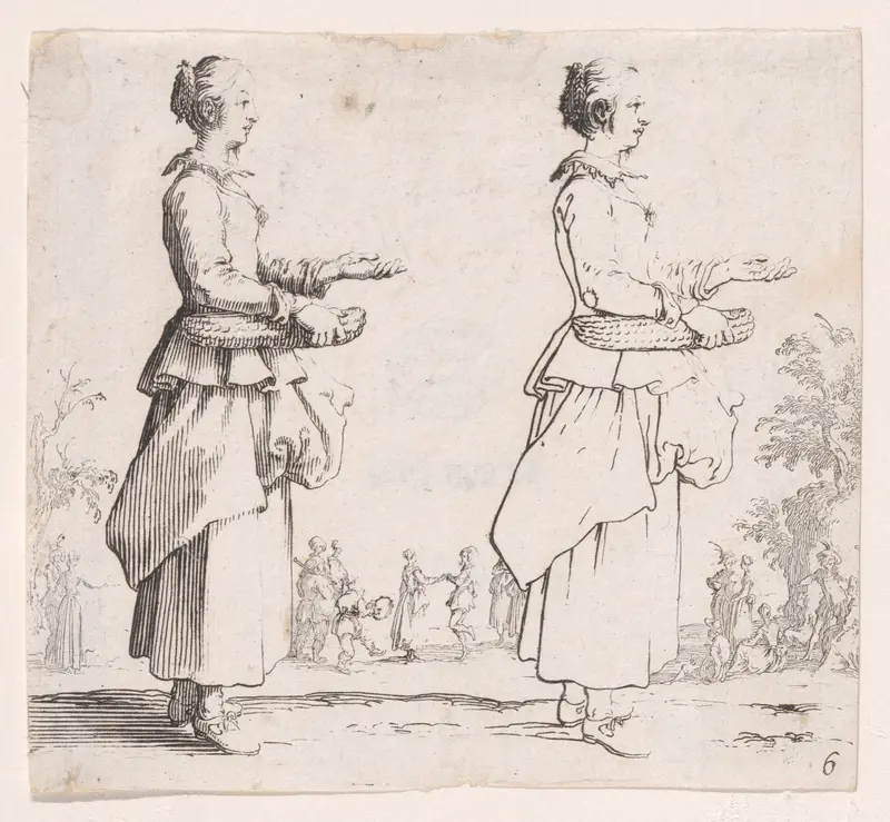 La Paysanne Tournée a Droite et Tenant un Panier (The Peasant Woman Turned to the Right and Holding a Basket), plate 6 from "Varie Figure" (Various Figures) Wall Art by Jacques Callot - High-Resolution Digital Print
