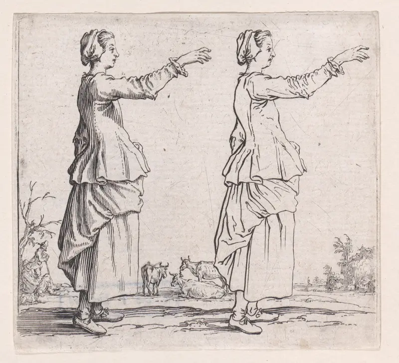 La Paysanne Tournée a Droite, la Main Tendue en Avant (The Peasant Woman Turned to the Right, her Hand Extended Forward), from "Varie Figure" (Various Figures) Wall Art by Jacques Callot - High-Resolution Digital Print