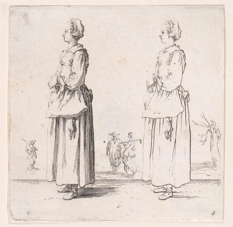 La Paysanne Tournée a Gauche, les Mains Appuyées l'Une sur l'Autre (The Peasant Woman Turned to the Left, One Hand Placed in the Other), plate 4 from "Varie Figure" (Various Figures) Wall Art by Jacques Callot - High-Resolution Digital Print