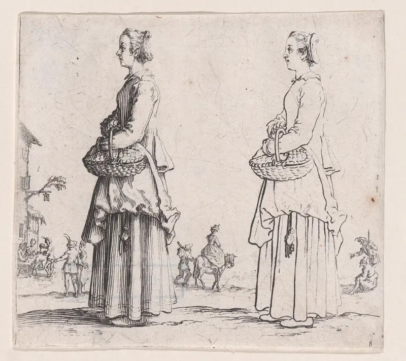 La Paysanne Tournée a Gauche, un Panier a son Bras (La Paysanne Turned to the Left, a Basket in her Arms), from "Varie Figure" (Various Figures) Wall Art by Jacques Callot - High-Resolution Digital Print