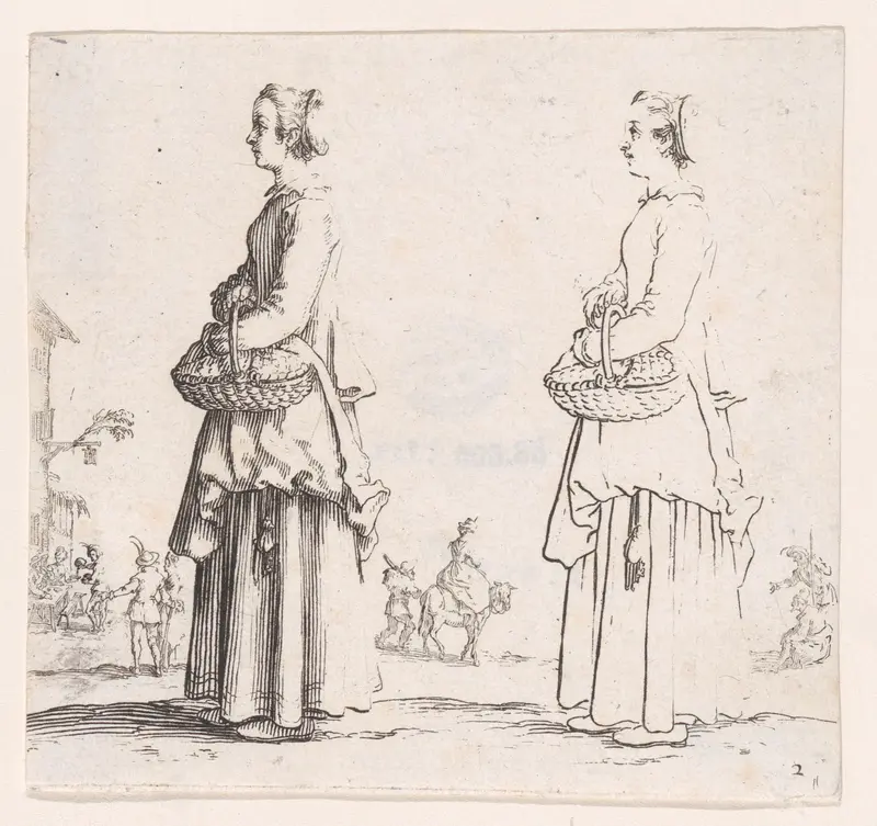 La Paysanne Tournée a Gauche, un Panier a son Bras (La Paysanne Turned to the Left, a Basket in her Arms), plate 2 from "Varie Figure" (Various Figures) Wall Art by Jacques Callot - High-Resolution Digital Print