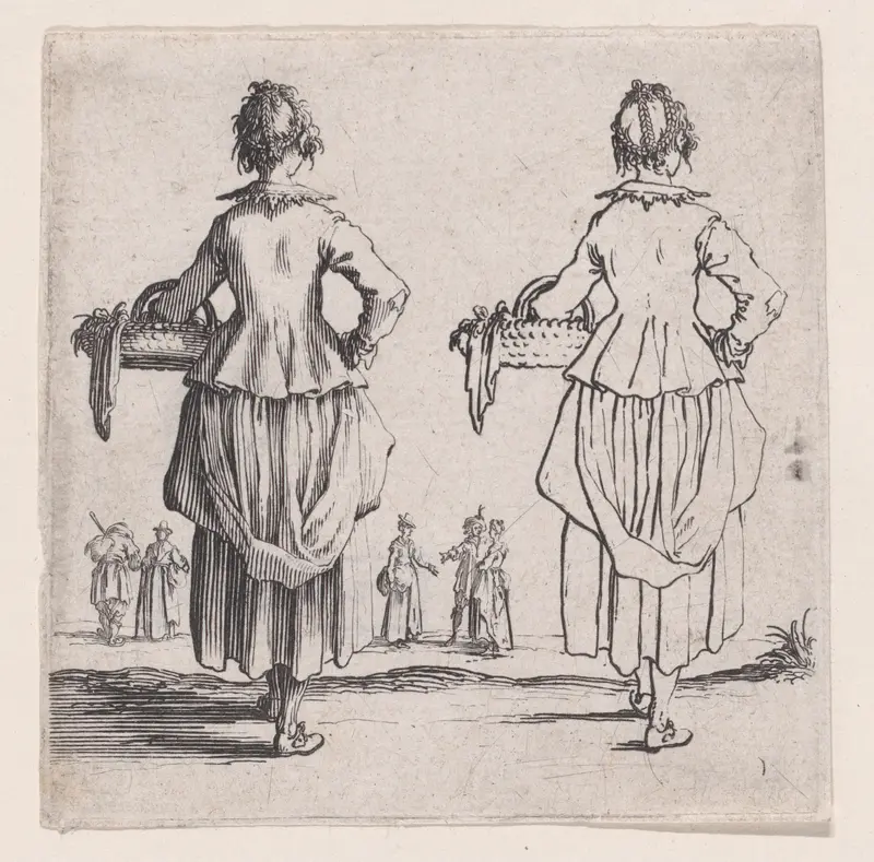 La Paysanne Viewed de Dos, Tenant un Panier a son Bras Gauche (The Peasant Woman Viewed from Behind, Holding a Basket in his Left Arm), plate 1 from "Varie Figure" (Various Figures) Wall Art by Jacques Callot - High-Resolution Digital Print