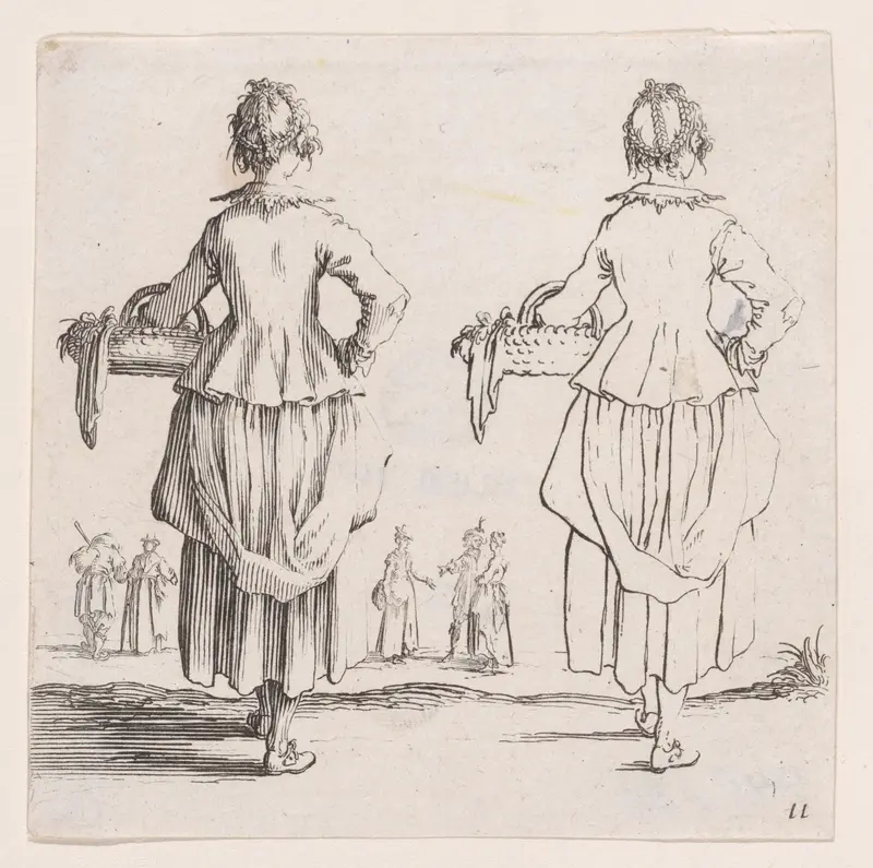 La Paysanne Vue de Dos, Tenant un Panier a son Bras Gauche (The Peasant Woman Viewed from Behind, Holding a Basket in his Left Arm), plate 11 from "Varie Figure" (Various Figures) Wall Art by Jacques Callot - High-Resolution Digital Print