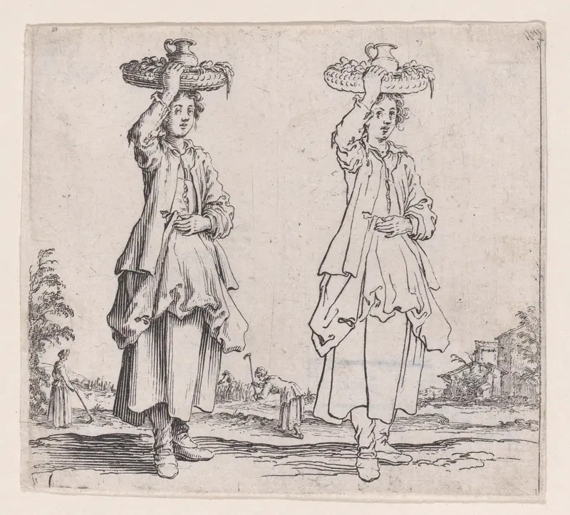 La Paysanne Vue de Face, Tenant un Panier sur sa Tête (The Peasant Woman Viewed from the Front with a Basket on her Head), from "Varie Figure" (Various Figures) Wall Art by Jacques Callot - High-Resolution Digital Print