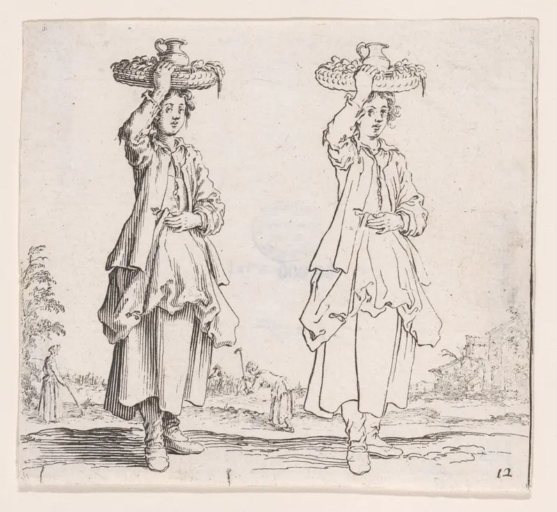 La Paysanne Vue de Face, Tenant un Panier sur sa Tête (The Peasant Woman Viewed from the Front with a Basket on her Head), plate 12 from "Varie Figure" (Various Figures) Wall Art by Jacques Callot - High-Resolution Digital Print