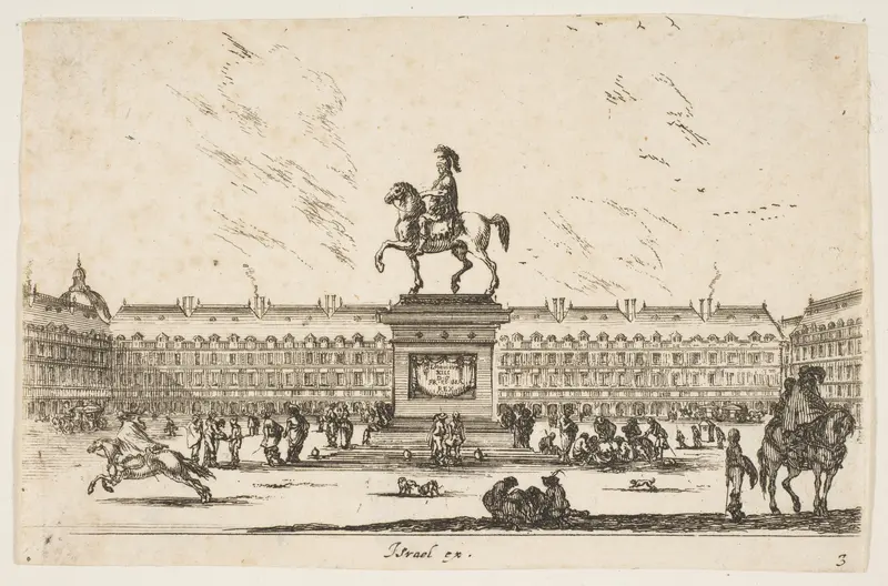 La Place Royale, equestrian statue of Louis XIII in profile facing the left in center, various horsemen and figures in background, plate 3 from "Various Figures" (Agréable diversité de figures) Wall Art by Stefano della Bella - High-Resolution Digital Print