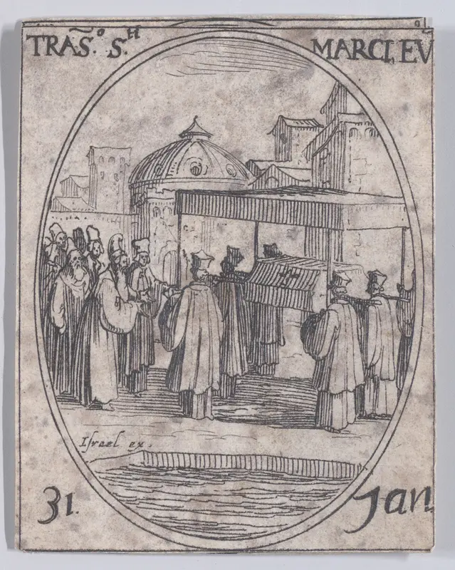La Translation de St. Marc (The Translation of the Relics of St. Mark), January 31st, from "Les Images De Tous Les Saincts et Saintes de L'Année" (Images of All of the Saints and Feast Days of the Year) Wall Art by Jacques Callot - High-Resolution Digital Print