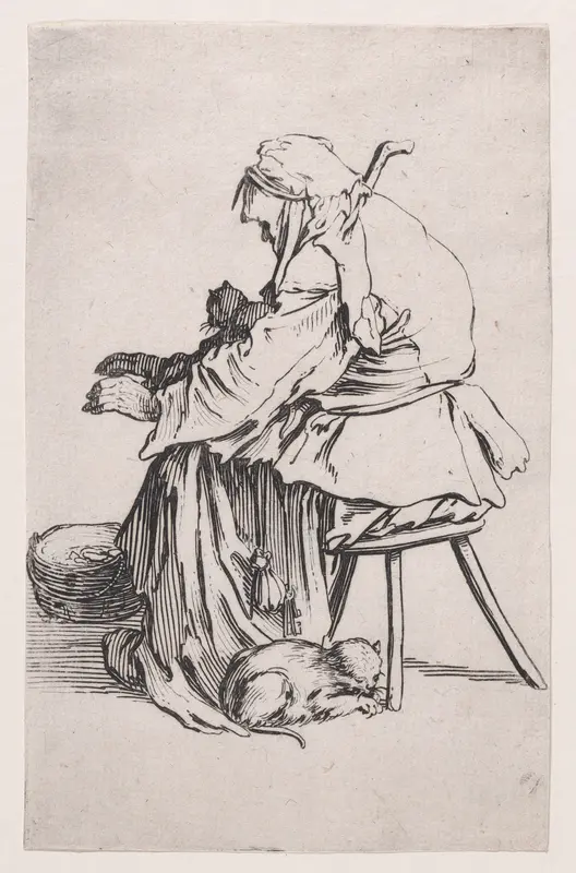 La Vieille aux Chats (The Old Woman with Cats), from "Les Gueux suite appelée aussi Les Mendiants, Les Baroni, ou Les Barons" (The Beggars, also called the Barons) Wall Art by Jacques Callot - High-Resolution Digital Print