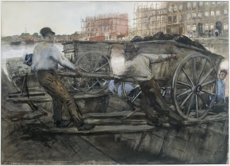 Labourers Pulling a Heavily Laden Cart on Jacob van Lennepkade, Amsterdam Wall Art by George Hendrik Breitner - High-Resolution Digital Print