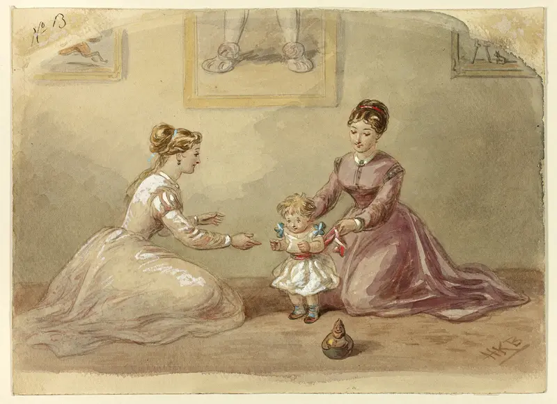 Ladies Coaxing Baby to Walk Wall Art by Hablot Knight Browne - High-Resolution Digital Print